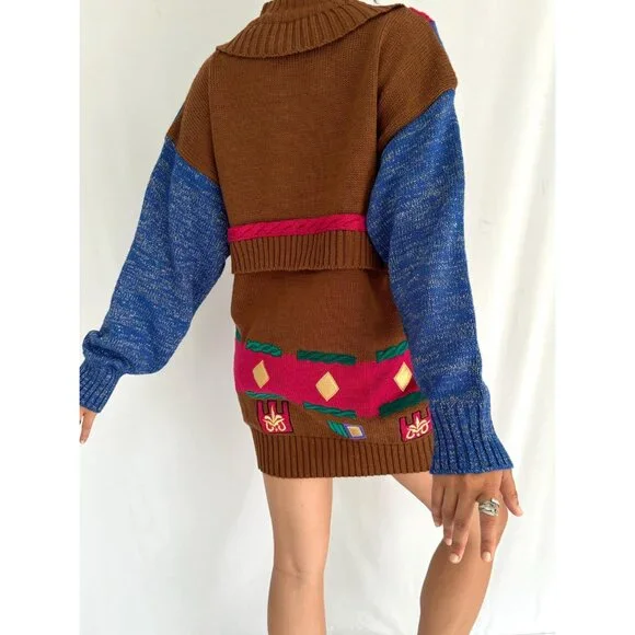 80s vintage colorful funky crazy abstract print novelty knit long sweater tunic - Picture 5 of 9
